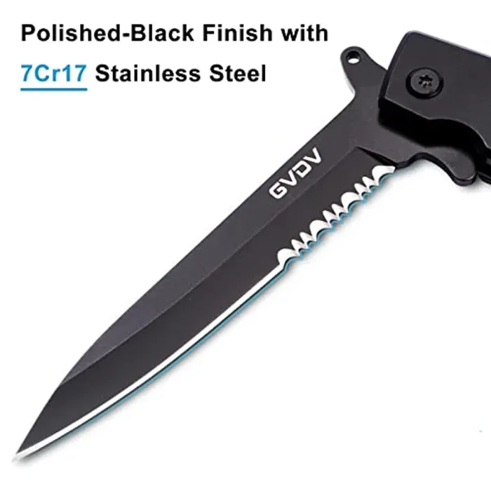 GVDV Coltello Pieghevole Tascabile con Manico G10, Coltello Serramanico in Acciaio Inossidabile 7CR17 con Chiusura di Sicurezza, Coltello da Sopravvivenza per Campeggio e Caccia per Uomini, Nero - immagine 3
