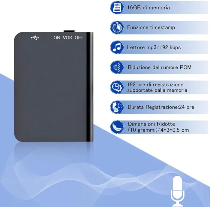 H+Y Mini Registratore Vocale, Registratore Vocale Portatile 16GB, Ricaricabile USB, MP3, Registratore Audio con Attivazione Vocale Ideale per Lezioni, Riunioni, Interviste, Colloqui, Fino a 284 Ore - immagine 2