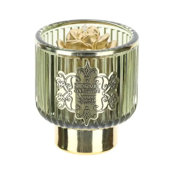 Hervit Portacandela in Vetro Verde e Oro D8 cm