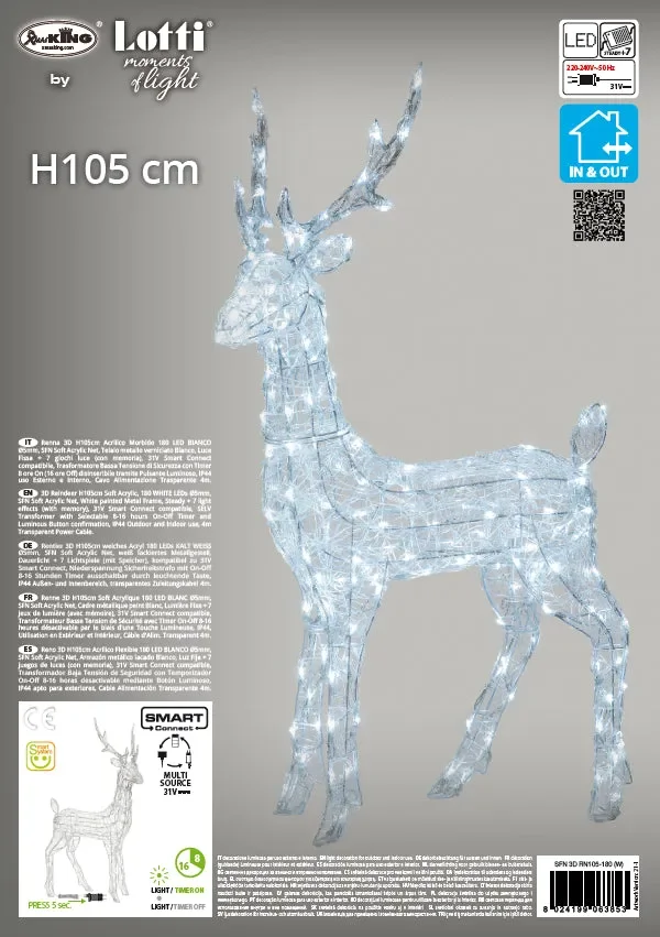 Lotti Renna Natale 3D H 105 Cm Acrilico Morbido 180 Led Bianco Online ora - immagine 3