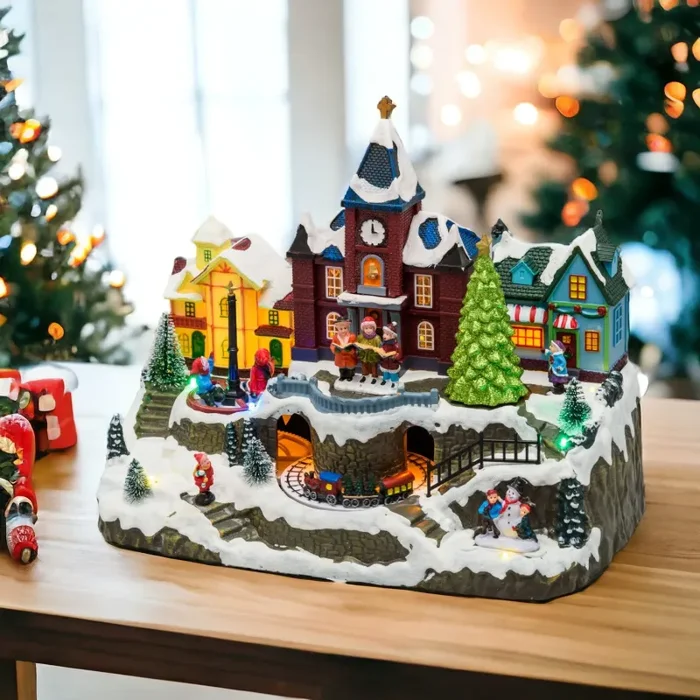 Lotti Villaggio Natale Innevato con Chiesa H 27,5 Cm 34 x 18 Cm Led Musica Movimento Rotante Online