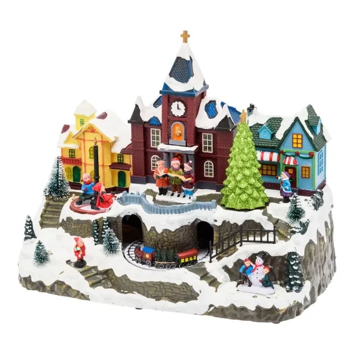 Lotti Villaggio Natale Innevato con Chiesa H 27,5 Cm 34 x 18 Cm Led Musica Movimento Rotante Online - immagine 3