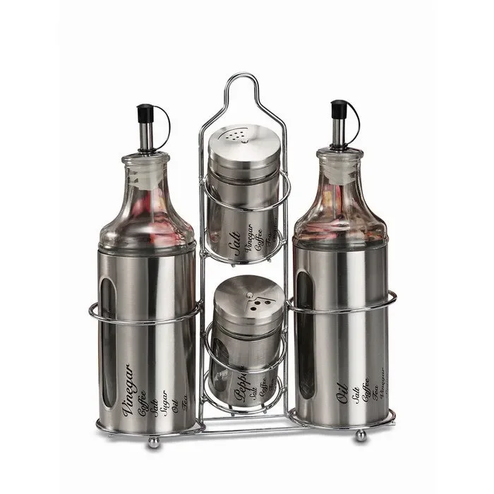 Menage in acciaio e vetro sale, pepe, olio e aceto