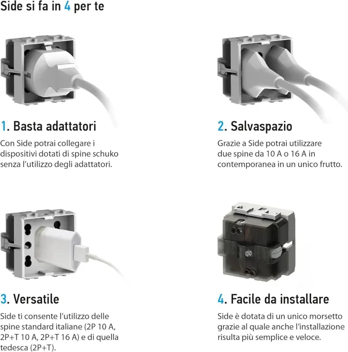 Modulo Presa Multistandard Schuko/Bipasso Bianco – Compatibile GEWISS SYSTEM Side 4Box - immagine 3