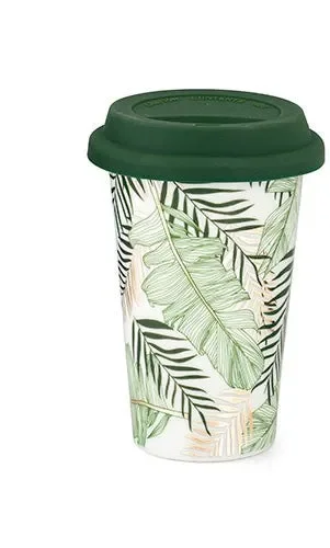 MUG CON FOGLIE DOPPIO STRATO IN CERAMICA BIANCA/VERDE (10xh.15cm)
