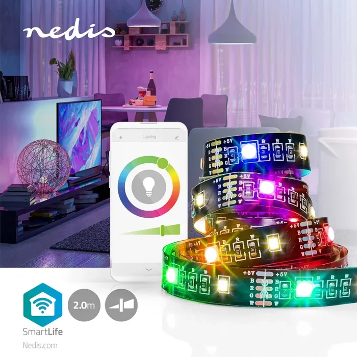 Nedis SmartLife – Striscia LED Full Color – Bluetooth – RGB/Bianco Caldo – 2 m – IP20 – Fissaggio semplice – Online