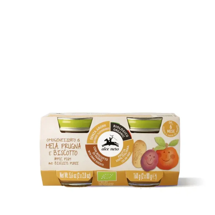 Omogeneizzato di mela, prugna e biscotto biologico – 2X80 GR – Alce nero