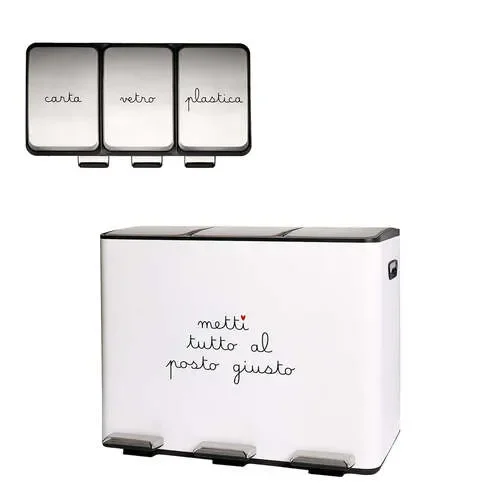 PATTUMIERA IN METALLO BIANCO CON CONTENITORI INTERNI IN PLASTICA “METTI TUTTO AL POSTO GIUSTO” (61x37xh.47cm)