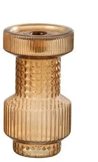 PORTACANDELA FORMA GEOMETRICA VERSIONE CON RIGHE SULLA BASE IN RILIEVO IN VETRO MARRONE (12x12x19cm)