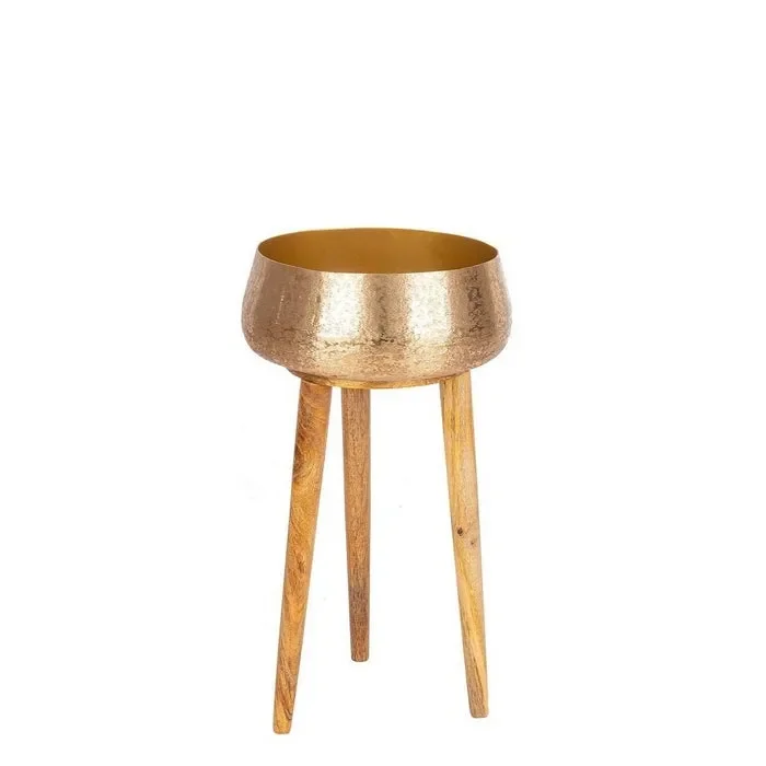 Portavasi tondo in metallo dorato con gambe in legno – Varanasi Fornitura