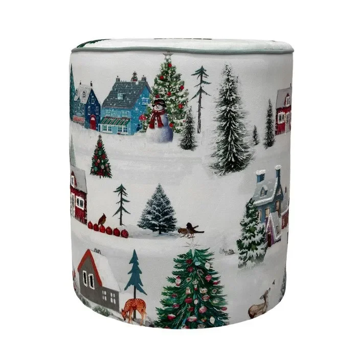 Pouf natalizio rotondo in velluto con paesaggio innevato 40 cm Fornitura