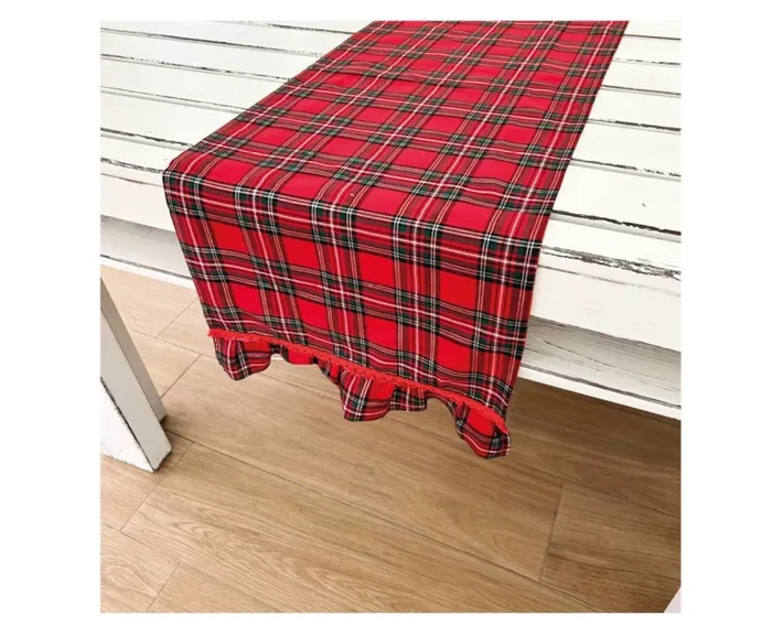 Preziosa Home Runner Natale in Tartan con Fril e Pizzo 40 x 120 Cm Rosso