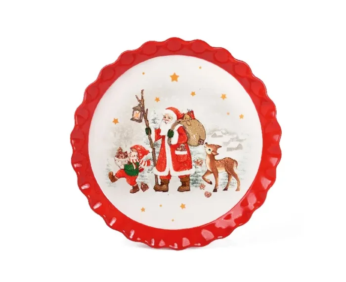 Preziosa Luxury Home Vassoio Natale Ceramica con Bordo Ondulato Rotondo D 31 Cm H 3,1 Cm Rosso