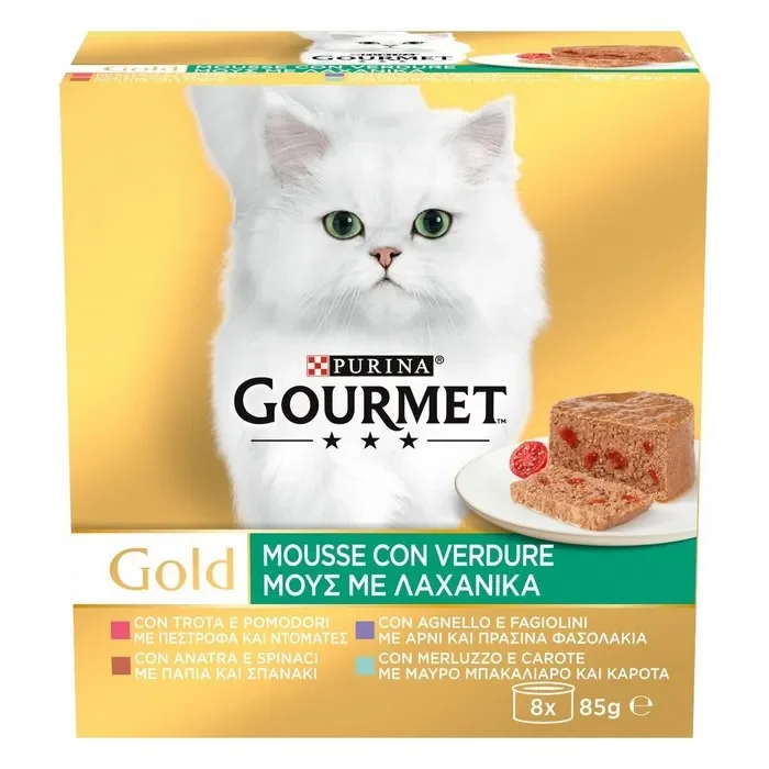 Purina Gourmet Gold Mousse con Verdure e agnello, anatra, trota, merluzzo 8x85g