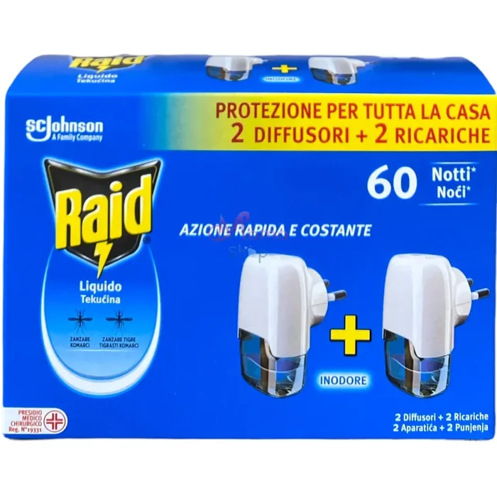 Raid liquido per zanzare comuni e tigri 2 diffusori + 2 ricariche 60 notti 2×21 ml