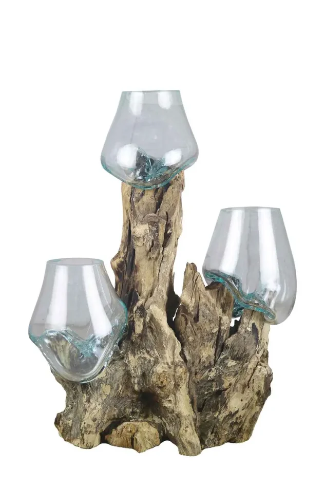 Regalo Italiano Radice Legno Naturale con 3 Vasi H 35 x 30 x 20 Cm Celeste