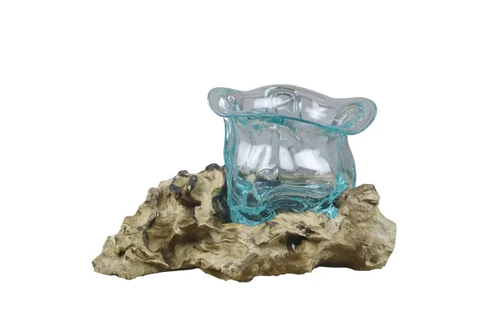 Regalo Italiano Radice Legno Naturale con Vaso H 14 x 10 x 10 Cm Celeste Vendita calda online