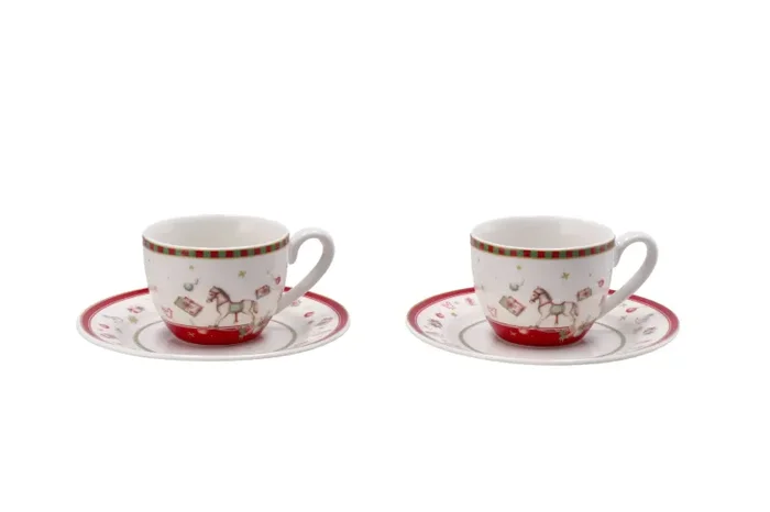 Regalo Italiano Servizio 2 Tazzine Caffè di Natale Porcellana D 6 Cm H 5 Cm Rosso Bianco