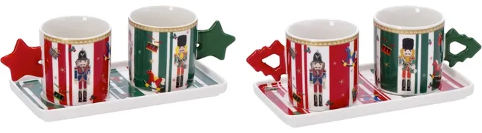 Regalo Italiano Set 2 Tazzine con Vassoio di Natale Porcellana Ass. Rosso Bianco Verde 1 Pz