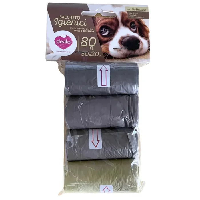 Sacchetti Igienici per Cani Dealo – 80 Pezzi (30×20 cm) in Polietilene, Resistenti e Tascabili per la Raccolta dei Bisogni [Mini Rotoli Portatili]