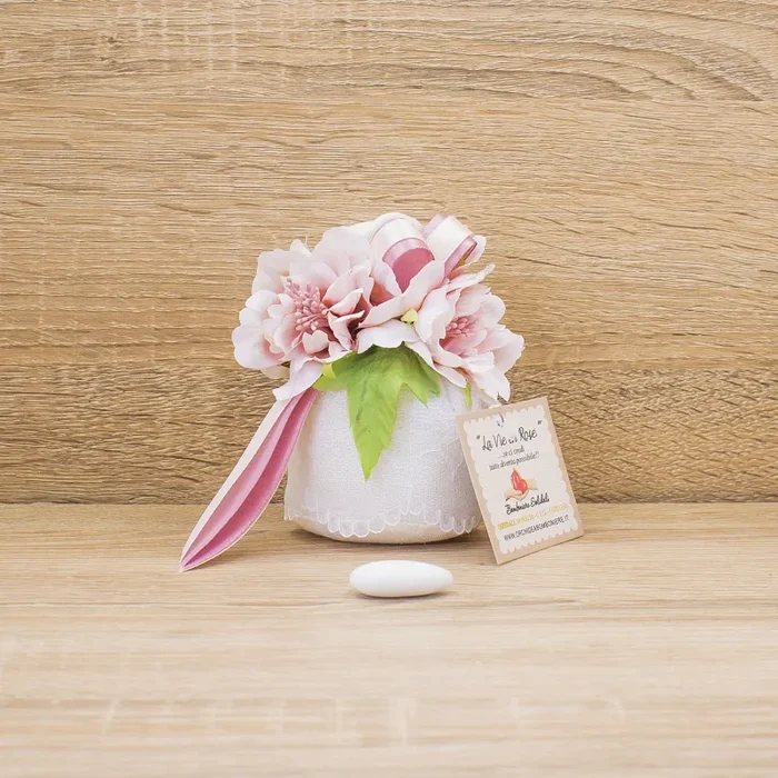 Sacchettino Base Tonda Bianco con Ricamo e Sali Profumati Francesi La Vie en Rose