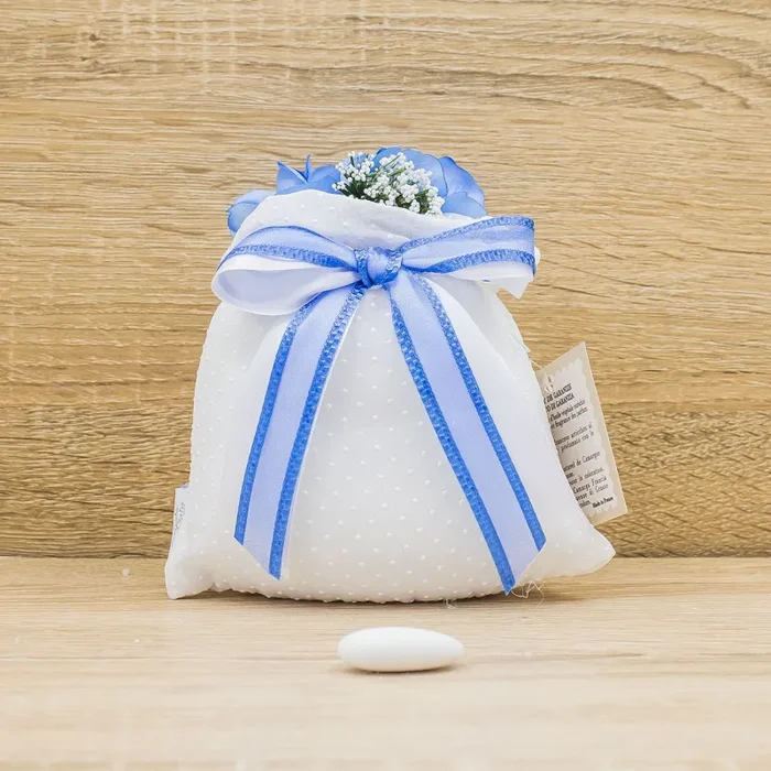 Sacchetto Bianco a Pois con Fiori Blu e Sali Profumati La Vie en Rose