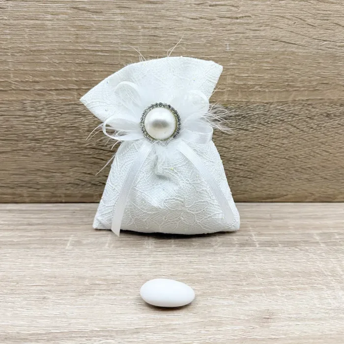 Sacchetto in Merletto Bianco con Doppio Fiocco, Spilla Perla e Piume Vendita online