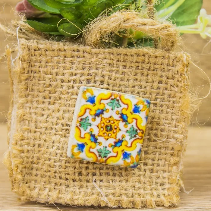 Sacchetto Iuta, Mattoncino con Decori Stile Vietrese e Piantina - immagine 3