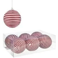 SCATOLA 6 SFERE STRENNA ROSSO/BIANCHE A STRISCE ORIZZONTALI (Ã˜8cm)