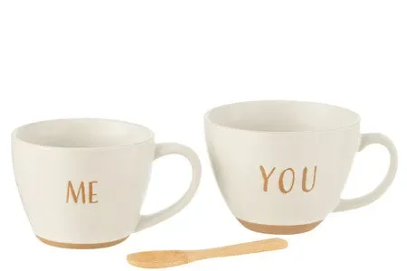 SCATOLA CON 2 TAZZE IN CERAMICA BIANCA+ CUCCHIAINO IN LEGNO (16,4x12x24cm)