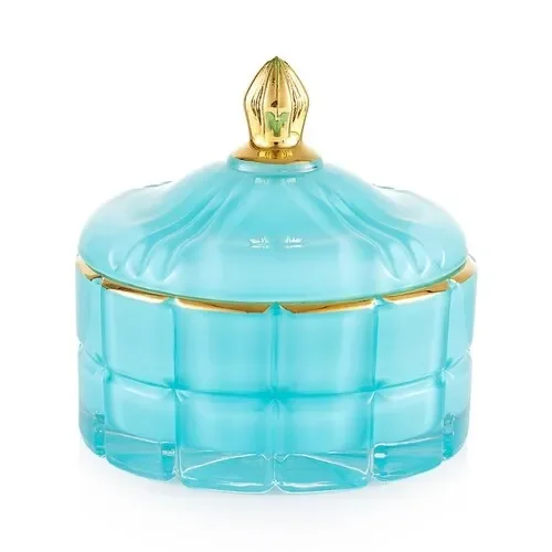 SCATOLA IN VETRO CELESTE CON POMELLO A GOCCIA DORATO (10.4×10.4xh.10.3cm)