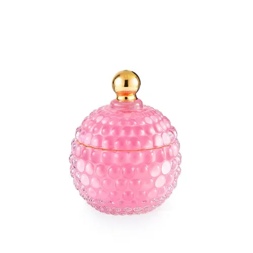 SCATOLA PICCOLA ROSA IN VETRO CON POMELLO DORATO (8.5×8.5xh.11cm)