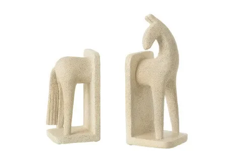 SET 2 FERMALIBRI CAVALLO IN PASTA DI CERAMICA BEIGE (21x10x15,5cm)