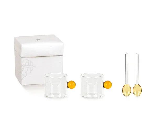 SET 2 TAZZINE IN VETRO CON MANICO AMBRA (5x5cm)+CUCCHIAINI (h.10cm) CON SCATOLA