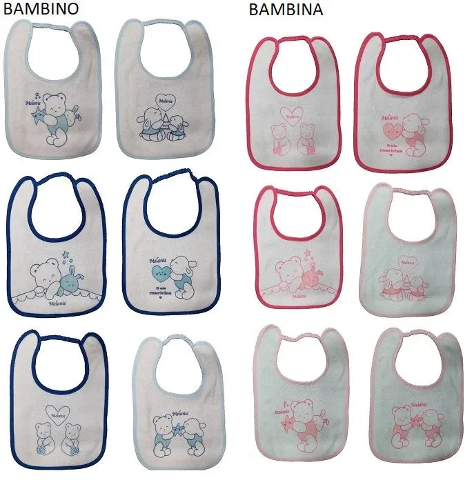 set 6 bavette neonato melanie art ba012 colore a scelta misura unica