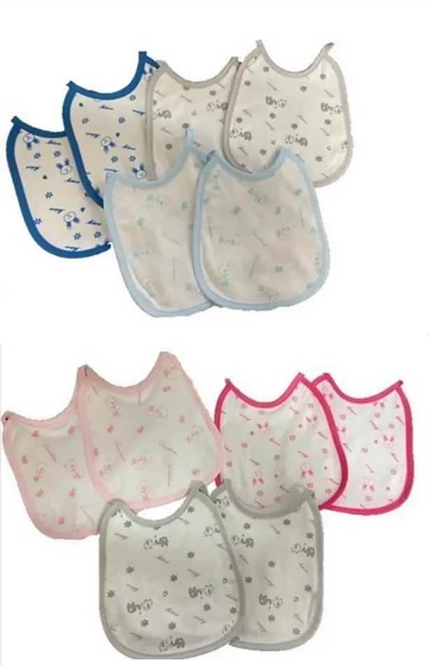 set 6 pezzi bavaglini stampati interlock 100% cotone art. ap122 mis. unica col. a scelta