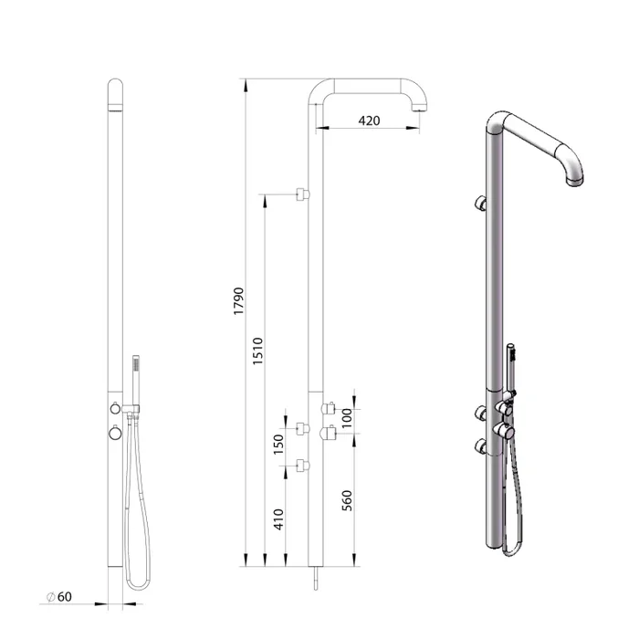 SINED Chia Doccia Per Parete e Esterni Ed Interni In Acciaio 316l Soffione e Doccino Mobile Inox - immagine 3