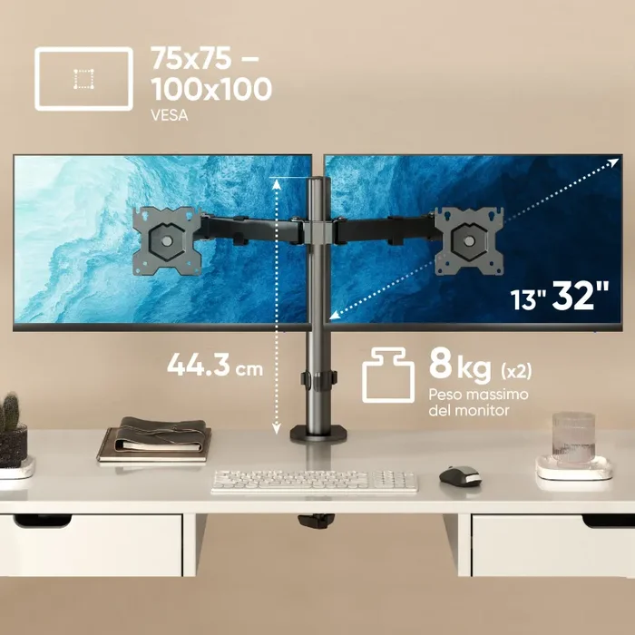 Supporto per 2 monitor carico max 16 kg (2×8 kg) nero D221E-B - immagine 2