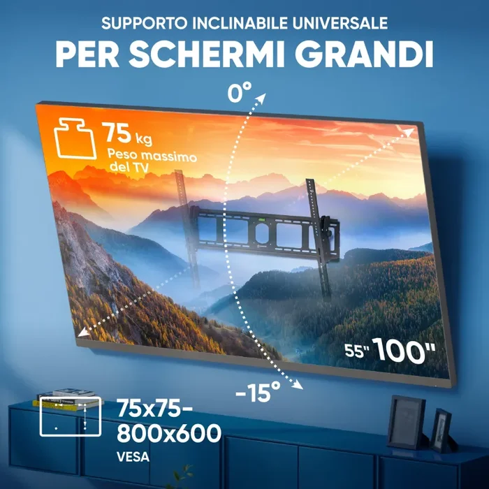 Supporto TV a parete 55″ – 100″ inclinabile fino a 75 kg, UT4 nero - immagine 2