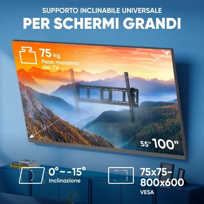 Supporto TV a parete 55″ – 100″ inclinabile fino a 75 kg, UT4 nero - immagine 3