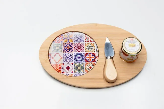 TAGLIERE OVALE IN LEGNO E PIANO IN CERAMICA CON MIELE DECORO SICILY