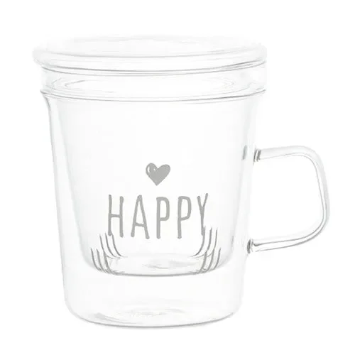 TISANIERA IN VETRO BOROSILICATO CON SCRITTA ‘ HAPPY ‘ SERIGRAFATO IN BIANCO (10cmx h11,5cm – capienza 400ml)