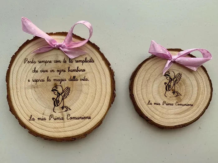 Tronchetto LEGNO per PRIMA COMUNIONE personalizzabile bomboniera diametro 10 cm - immagine 3