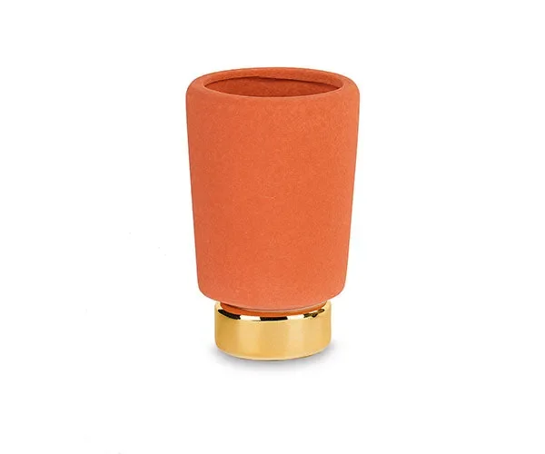 VASO DOLOMITE IN CERAMICA ARANCIO CON BASE ORO (9×14,5cm)