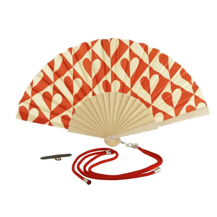 WD LifeStyle Ventaglio in Legno e Tessuto Decoro Cuori con Porta Cellulare Giallo Rosso