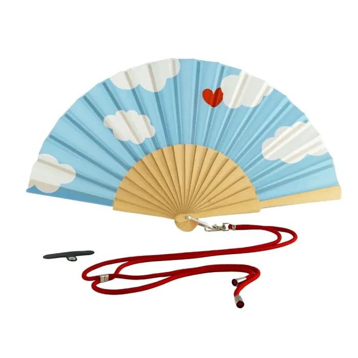 WD LifeStyle Ventaglio in Legno e Tessuto Decoro Nuvole con Porta Cellulare Celeste